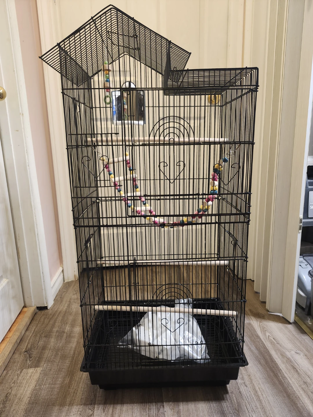 Black Bird Cage with Perches and Toys