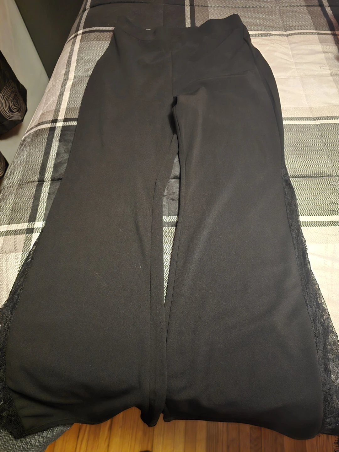 Black Bell Bottom Pants with Lace Inlay