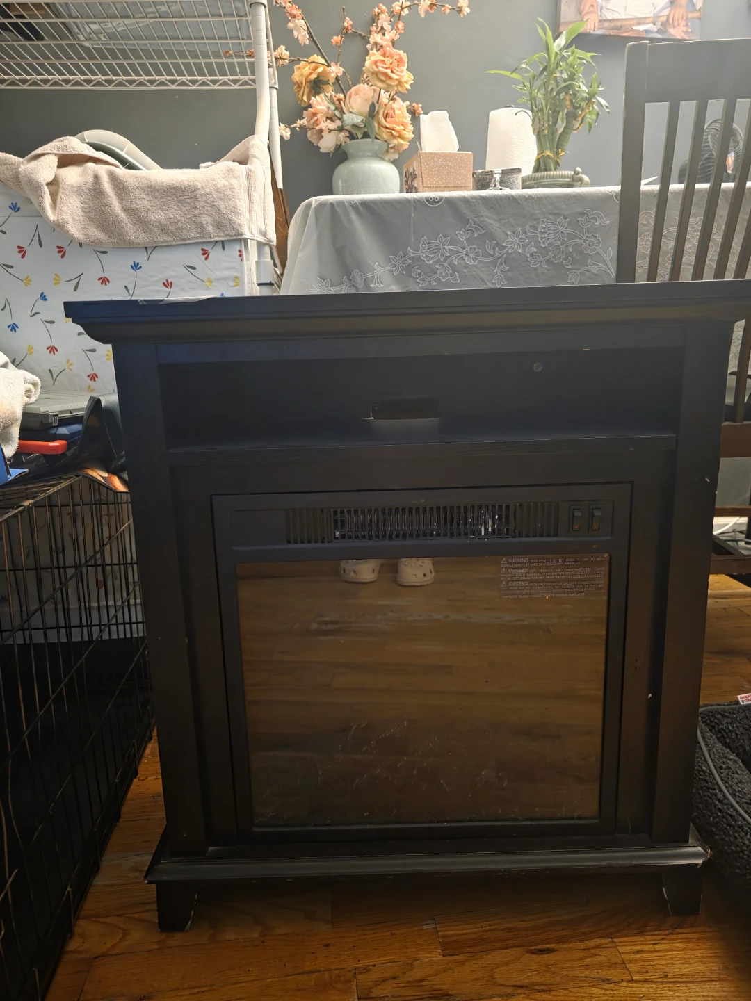 Modern Black Electric Fireplace Heater with Media Shelf
