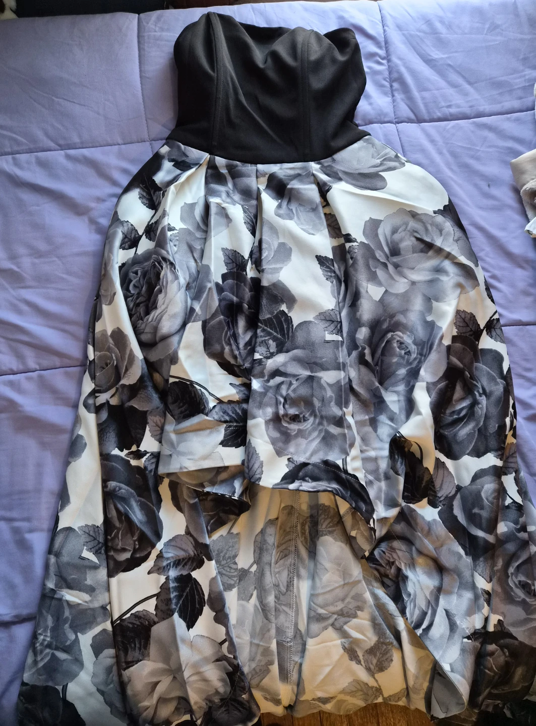 Juniors Black and White Rose Print Strapless Hi-Low Prom Gown