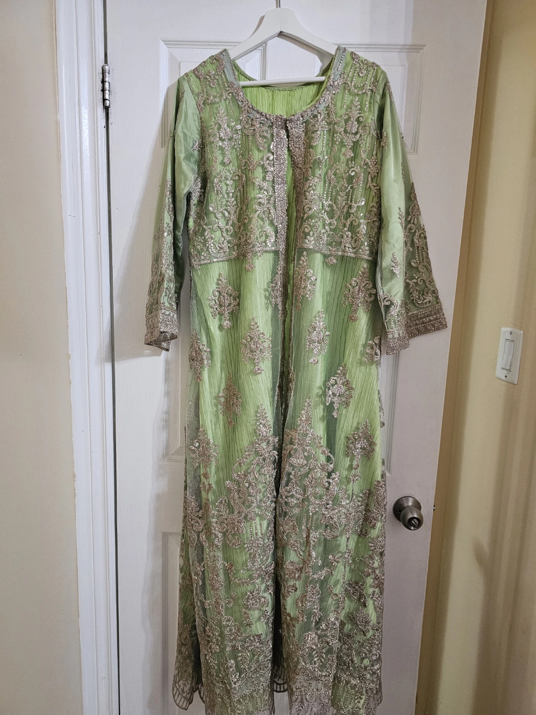 Green Embroidered Maxi Dress with Dupatta and Pants