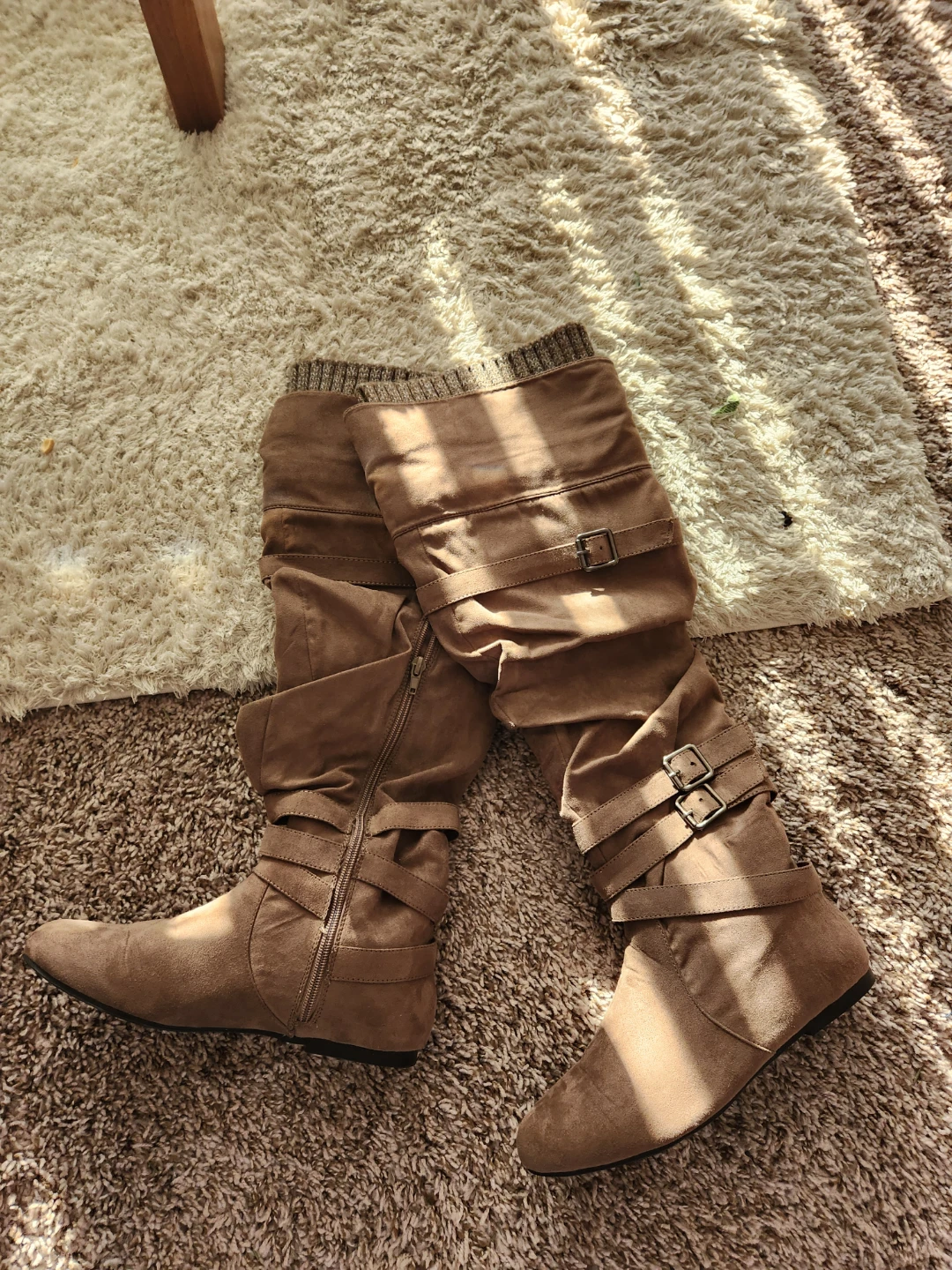 Brown Suede Buckle Slouch Boots