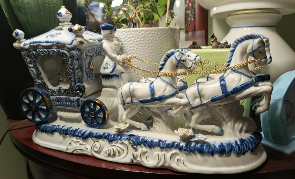 Vintage Porcelain Horse Drawn Carriage Figurine