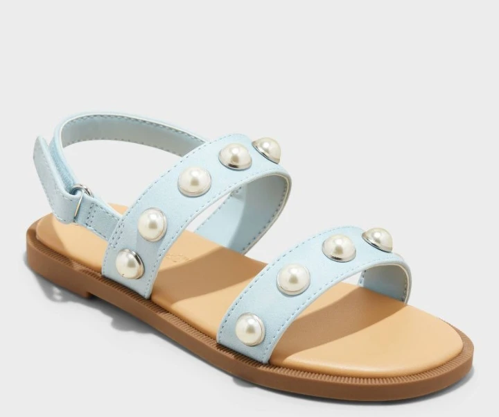 Light Blue Pearl Embellished Flat Sandals