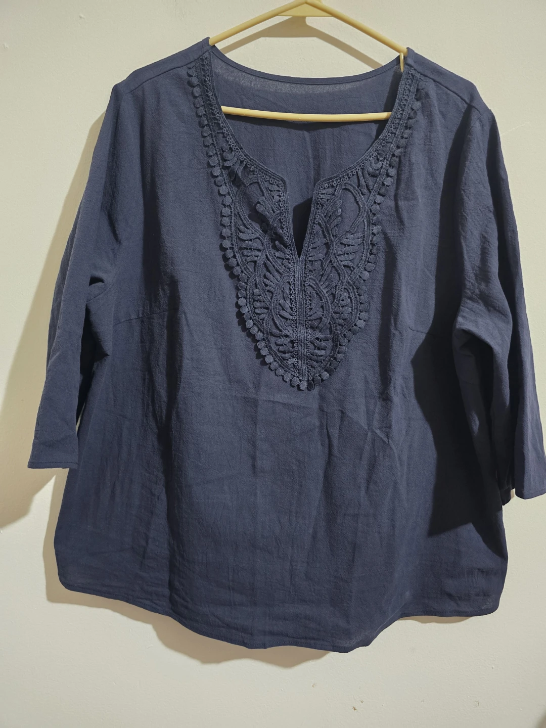 Boho Navy Blue V-Neck Top with Embroidery Detail - Size 1XL -