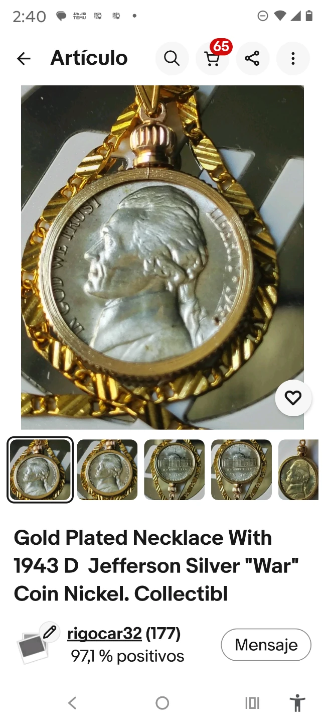 Gold Plated Necklace with 1943 D Jefferson Nickel