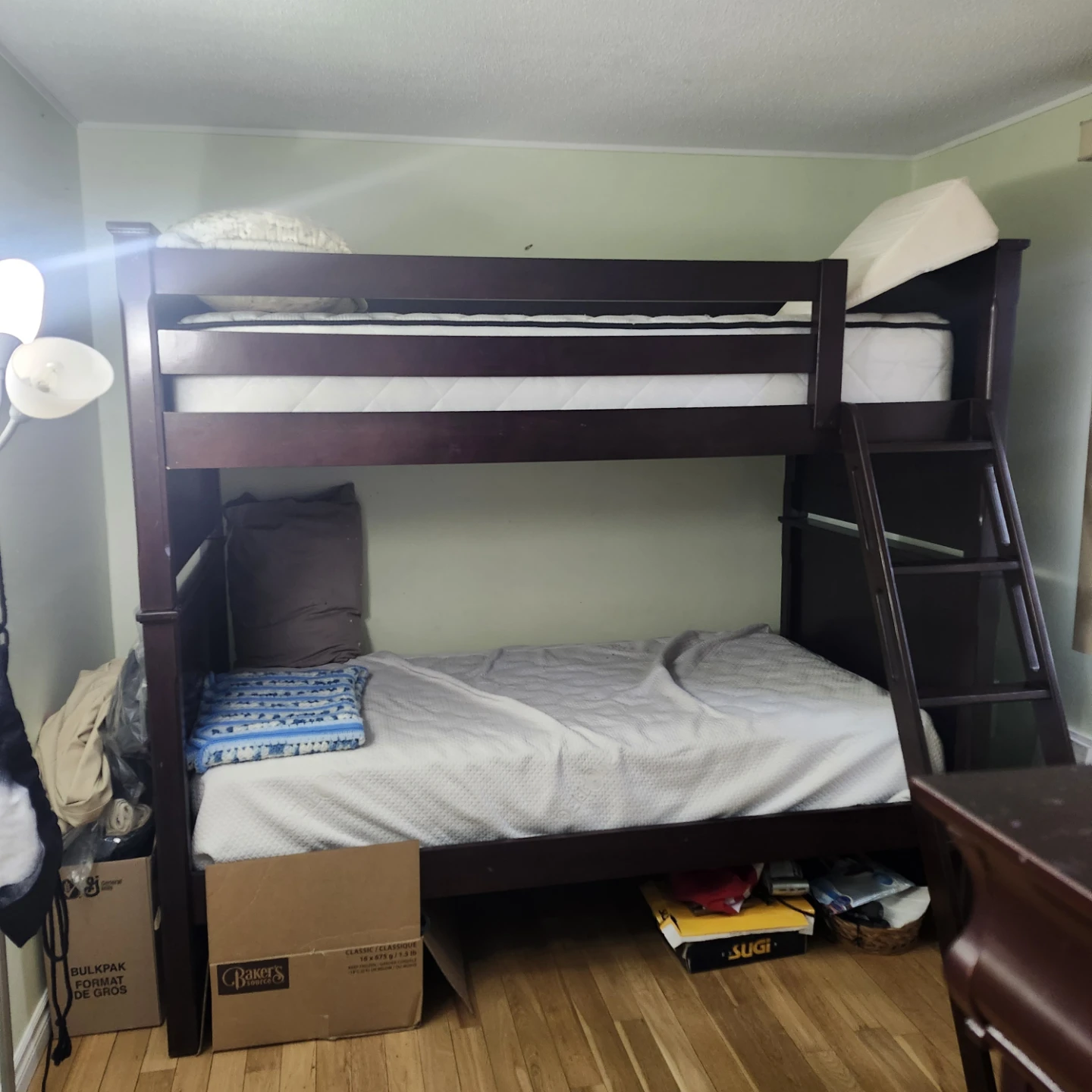 Dark Brown Wooden Bunk Bed with Mattresses