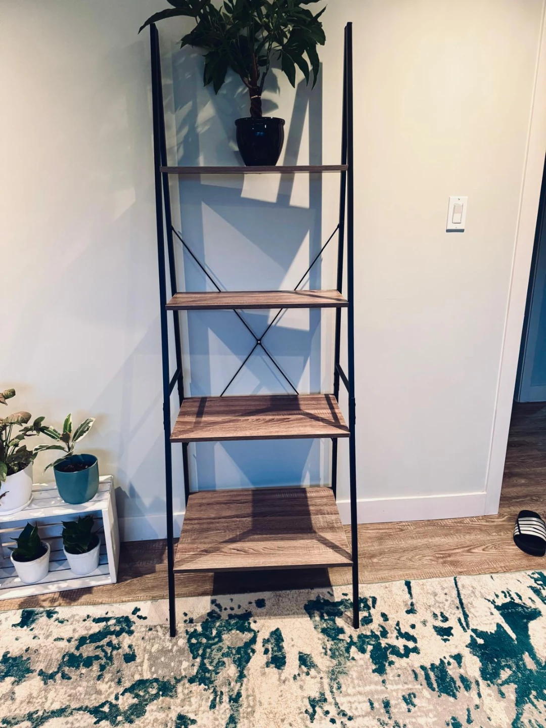 Ladder Shelf - Black Metal Frame with Wood-Look Shelves - photo 2