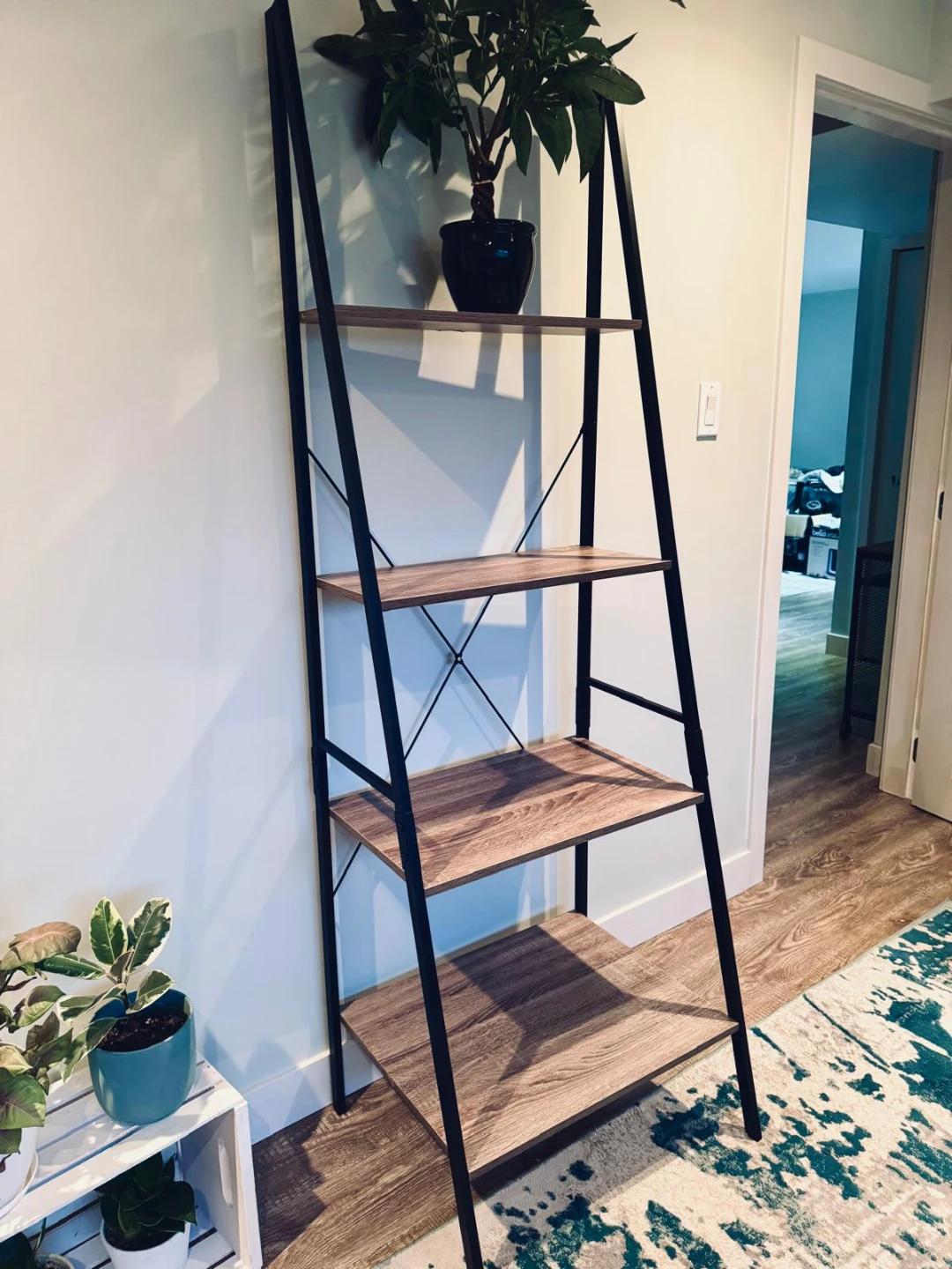 Ladder Shelf - Black Metal Frame with Wood-Look Shelves - photo 3