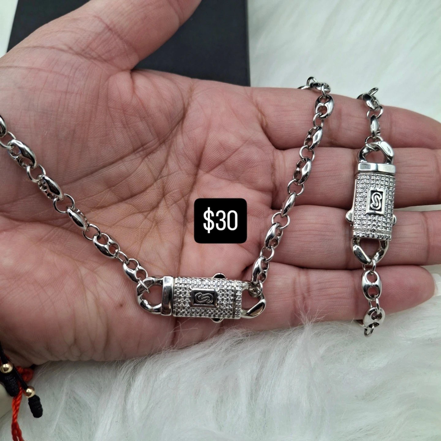 Silver Tone Chain Necklace with Paved Clasp