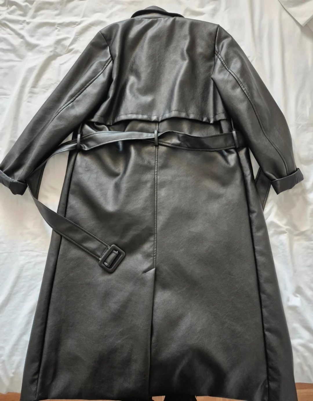 Black Faux Leather Trench Coat with Belt - photo 2