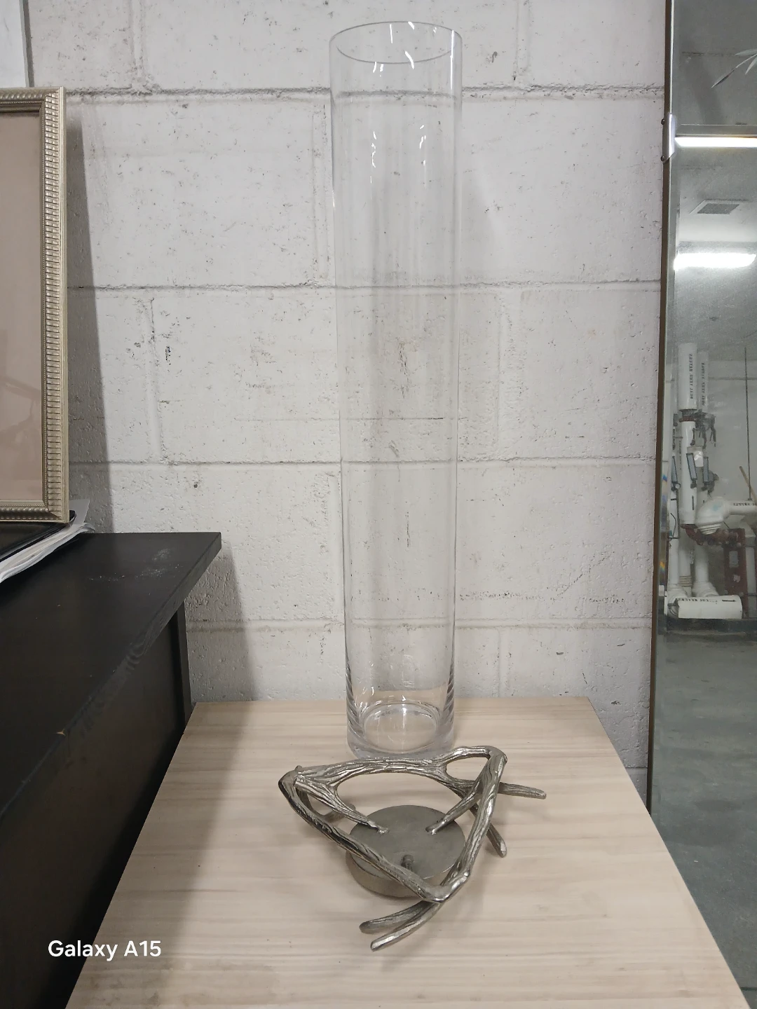 Tall Glass Cylinder Vase with Decorative Metal Stand