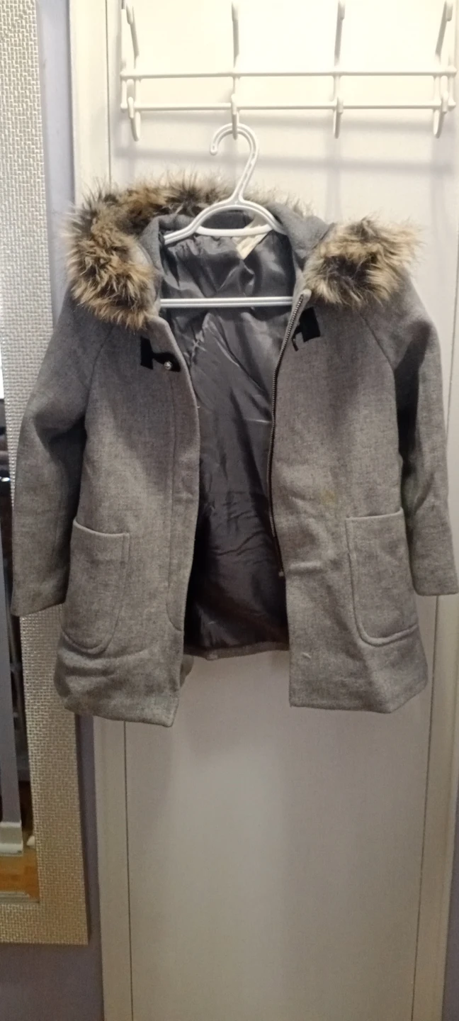 Girls Grey Coat with Fur Hood - Size 10 (140cm)
