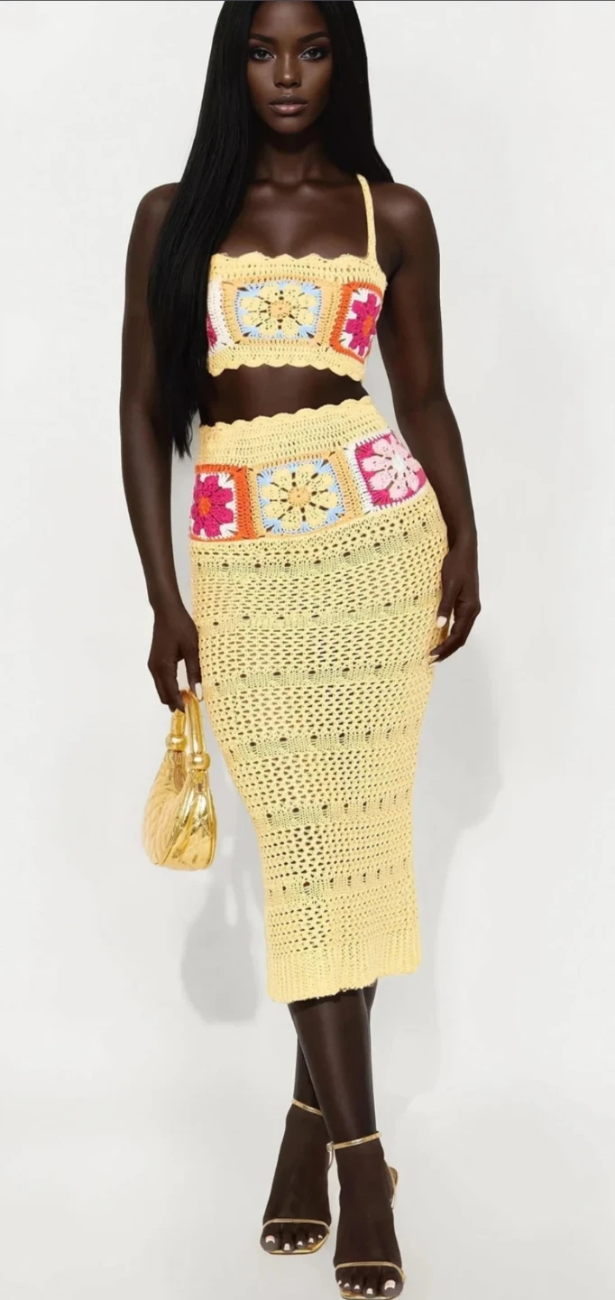 Crocheted Crop Top and Skirt Set