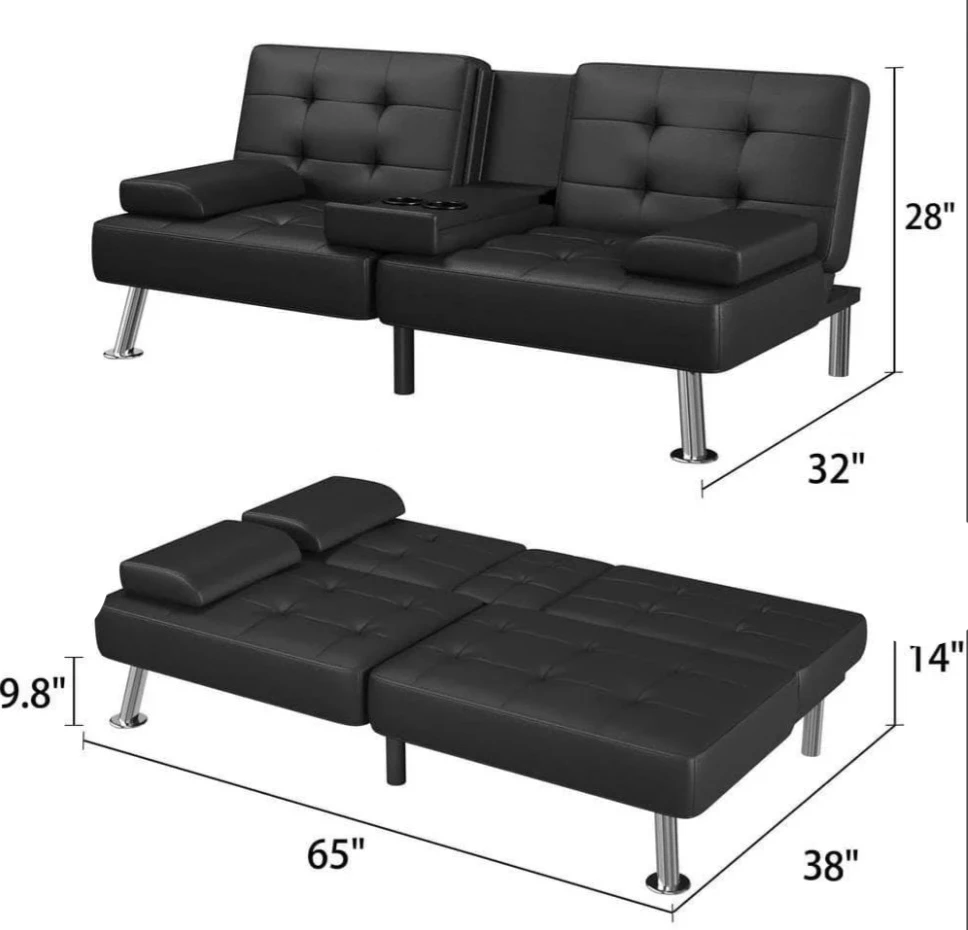 Black Faux Leather Futon Sofa Bed - photo 2