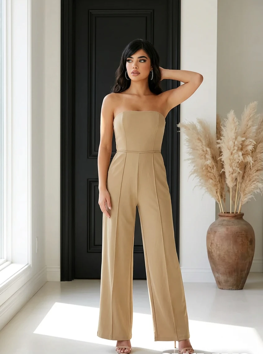 Tan Strapless Wide-Leg Jumpsuit