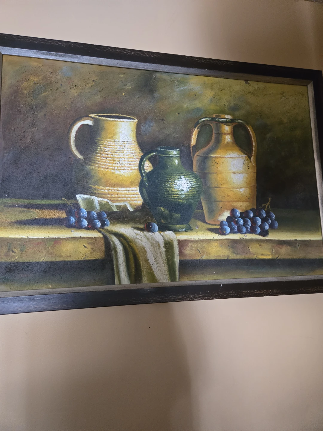 Framed Still Life Painting of Pottery and Grapes
