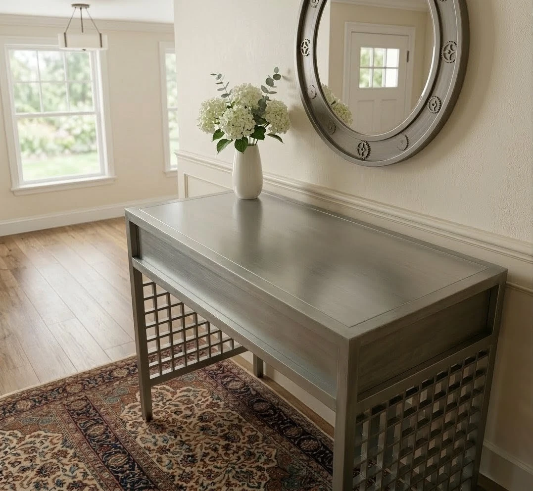 Stainless Steel Console/Entryway Table. Industrial Grid Design.