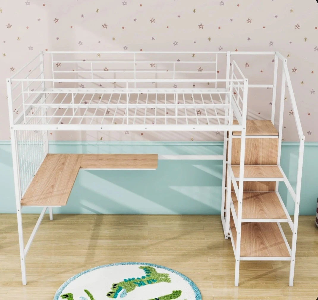 White Loft Bed with Desk and Stairs - Full Size