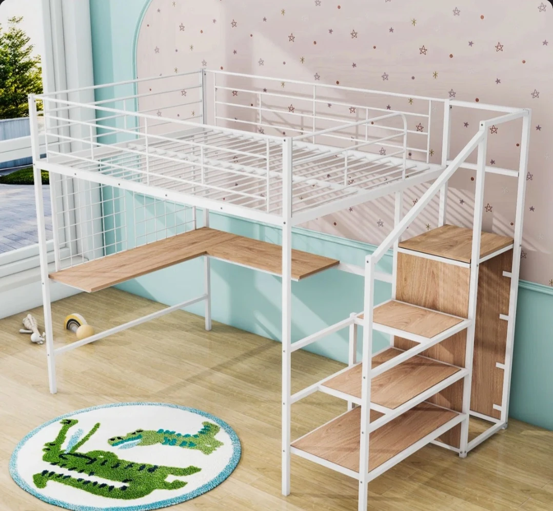 White Loft Bed with Desk and Stairs - Full Size - photo 2