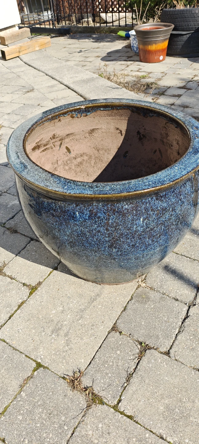 Large Blue Glazed Ceramic Pot 20"w 16"h