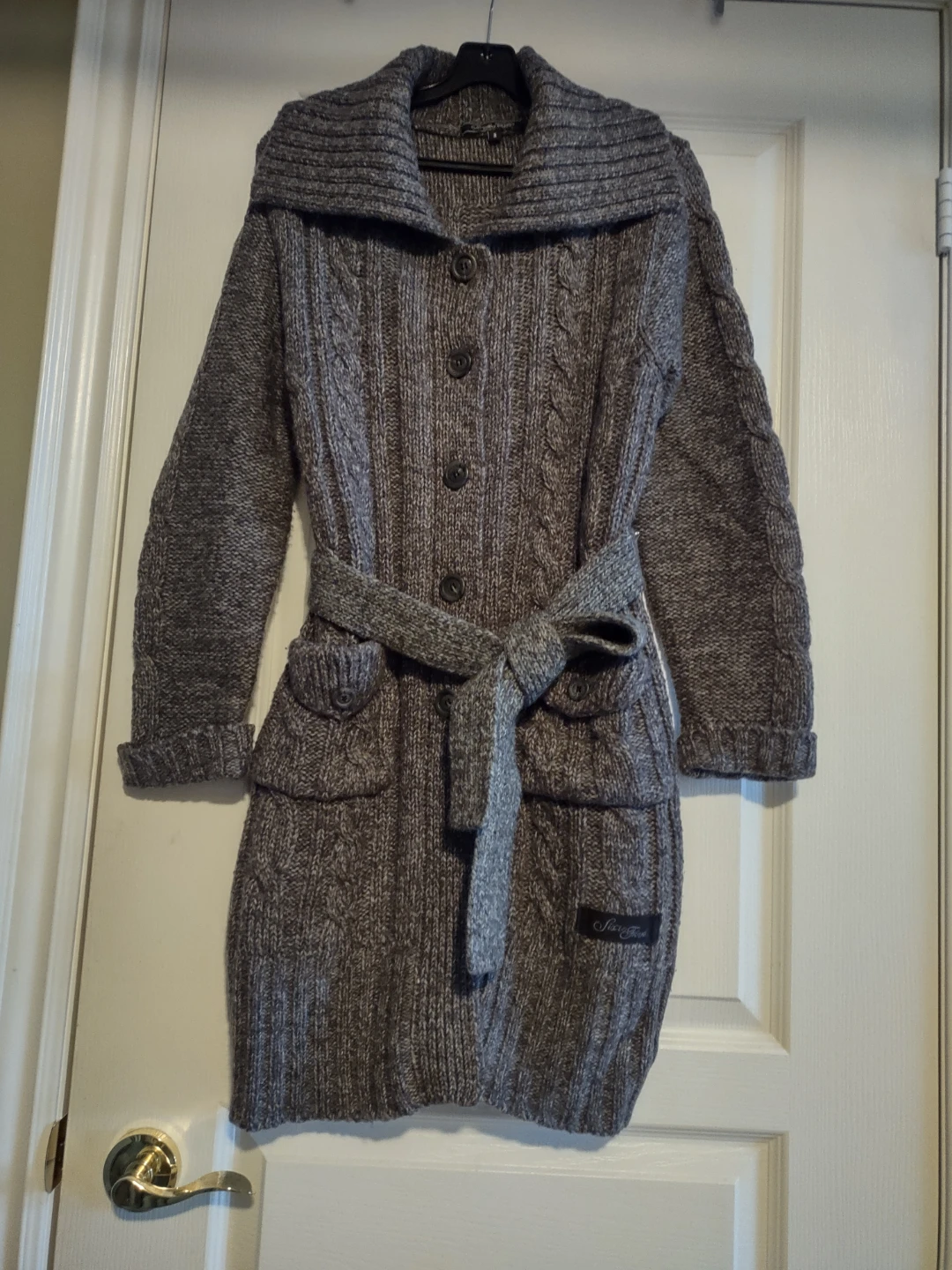 Grey Cable Knit Button-Up Cardigan with Belt