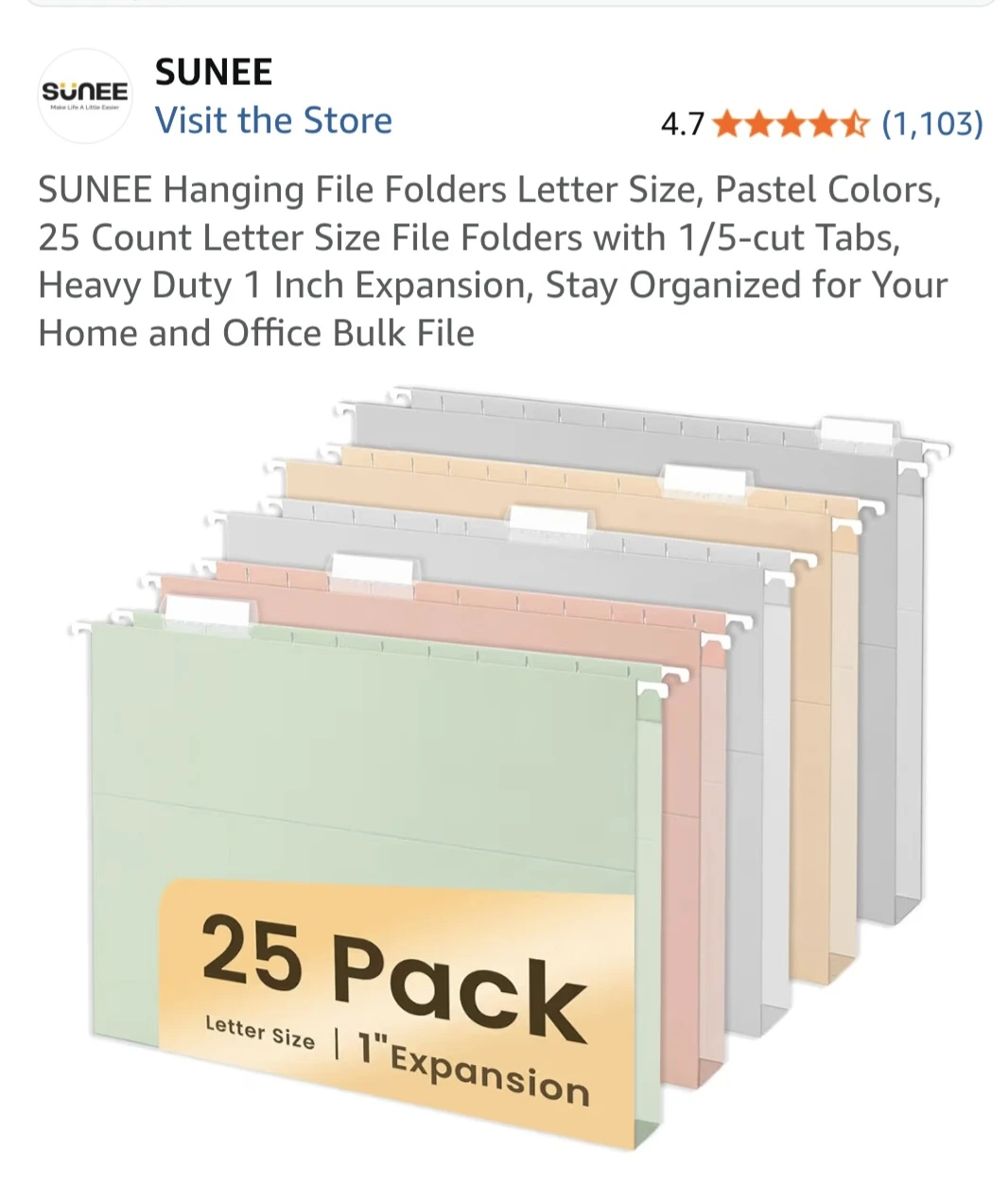 SUNEE Letter Size Hanging File Folders - 25 Pack Pastel Colors