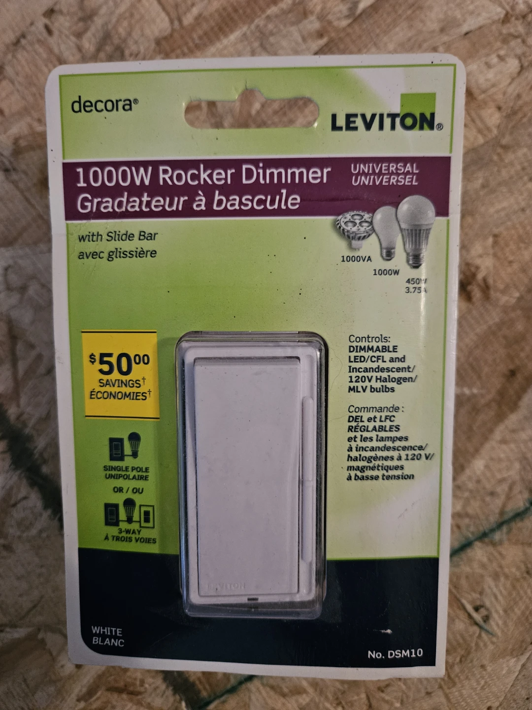 Leviton 1000W White Rocker Dimmer with Slide Bar