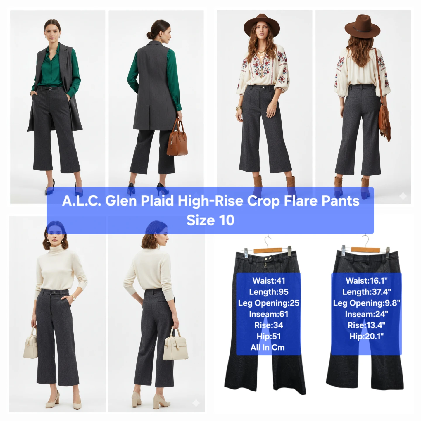 A.L.C. Glen Plaid High-Rise Crop Flare Pants Size 10