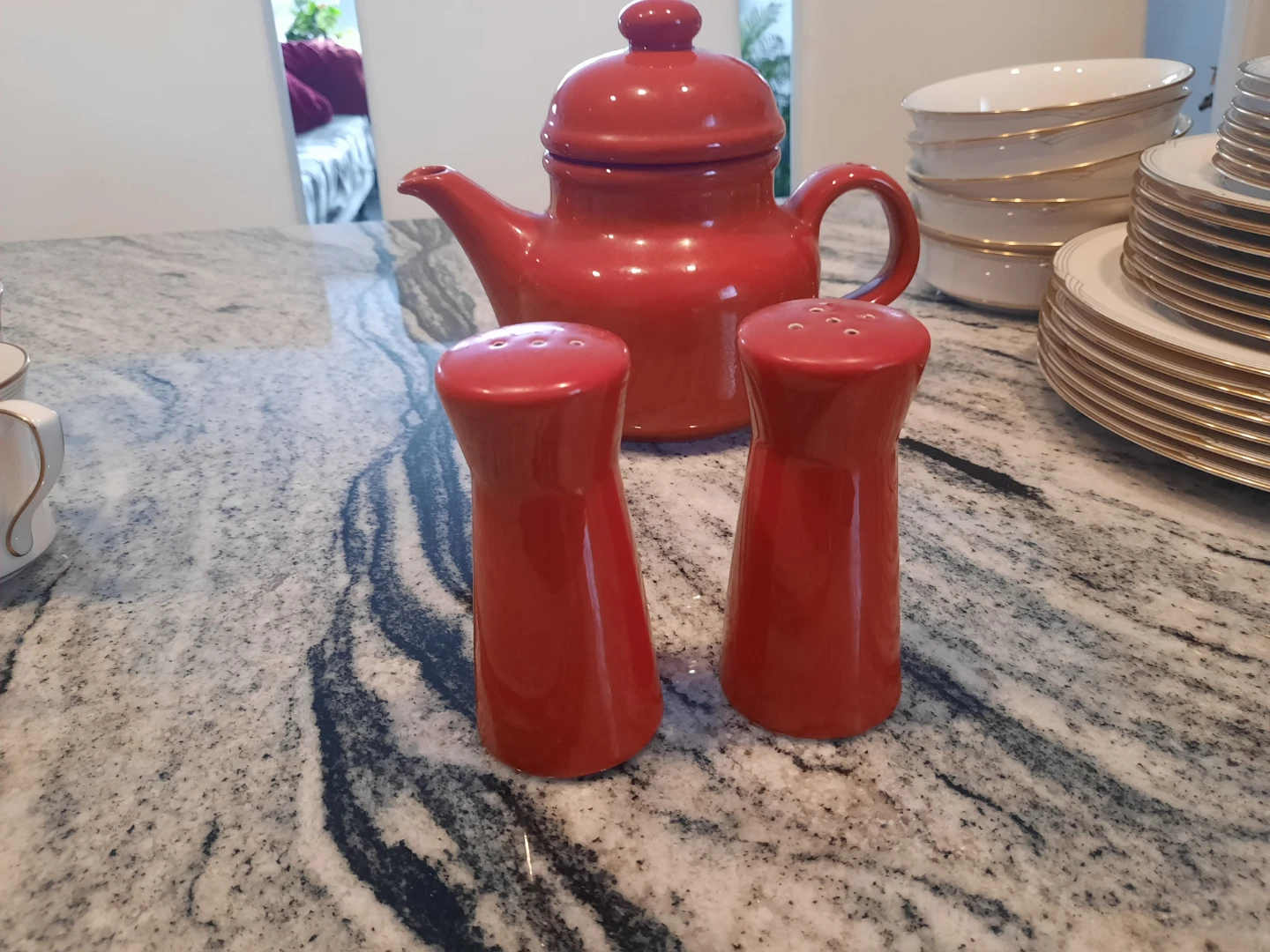 Red Ceramic Teapot and Salt & Pepper Shakers Set