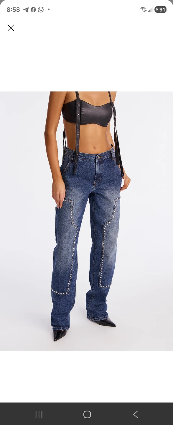 Studded Blue Denim Jeans with Suspenders
