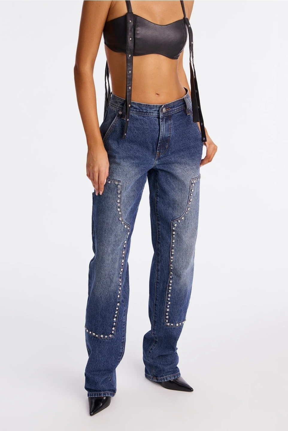 Studded Blue Denim Jeans with Suspenders - photo 2