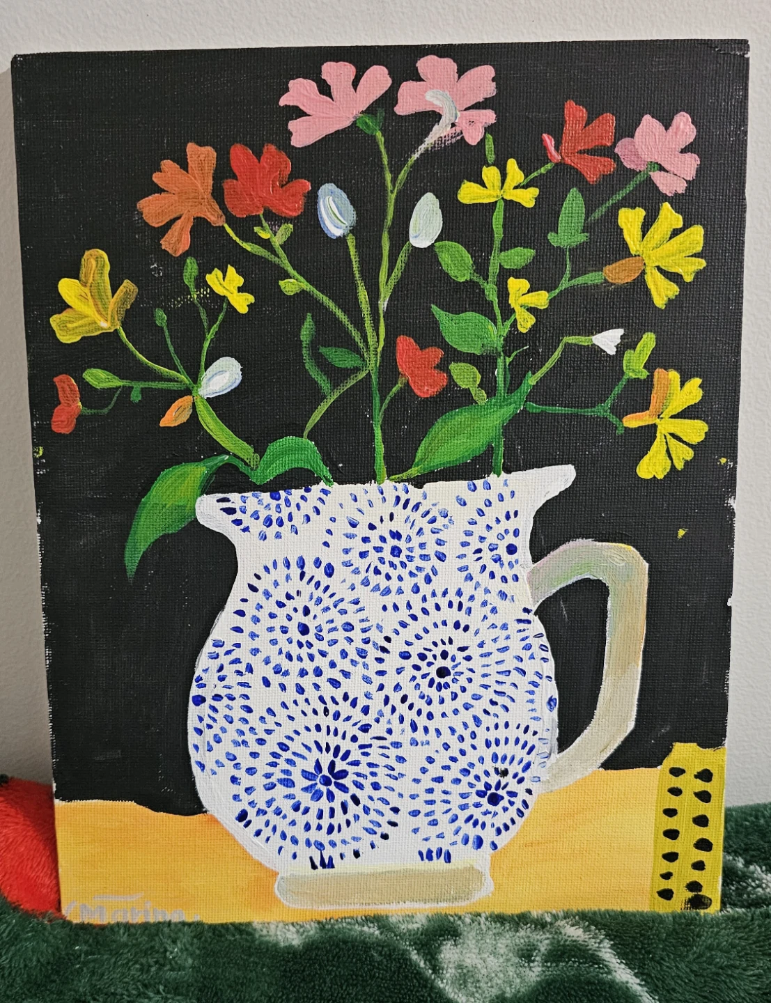 Painting of Flowers in a Blue and White Pitcher