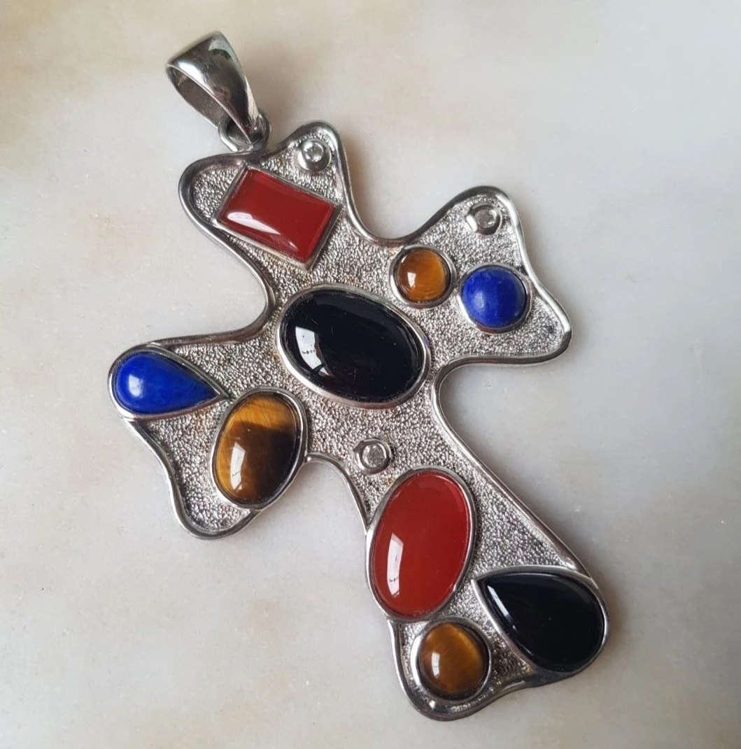 Vintage Sterling Silver Inlay Cross Pendant Necklace