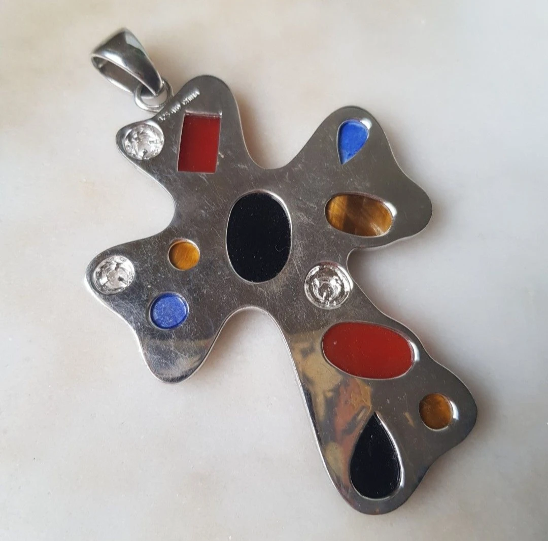 Vintage Sterling Silver Inlay Cross Pendant Necklace - photo 2