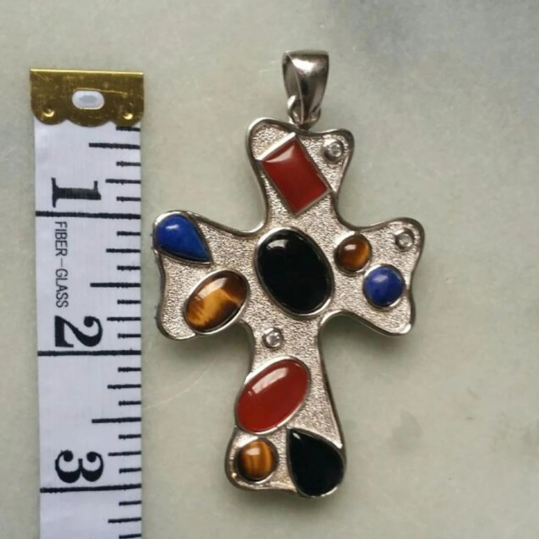 Vintage Sterling Silver Inlay Cross Pendant Necklace - photo 3
