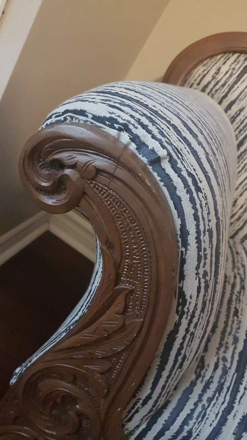 Vintage Carved Wood Sofa with Striped Upholstery - photo 4