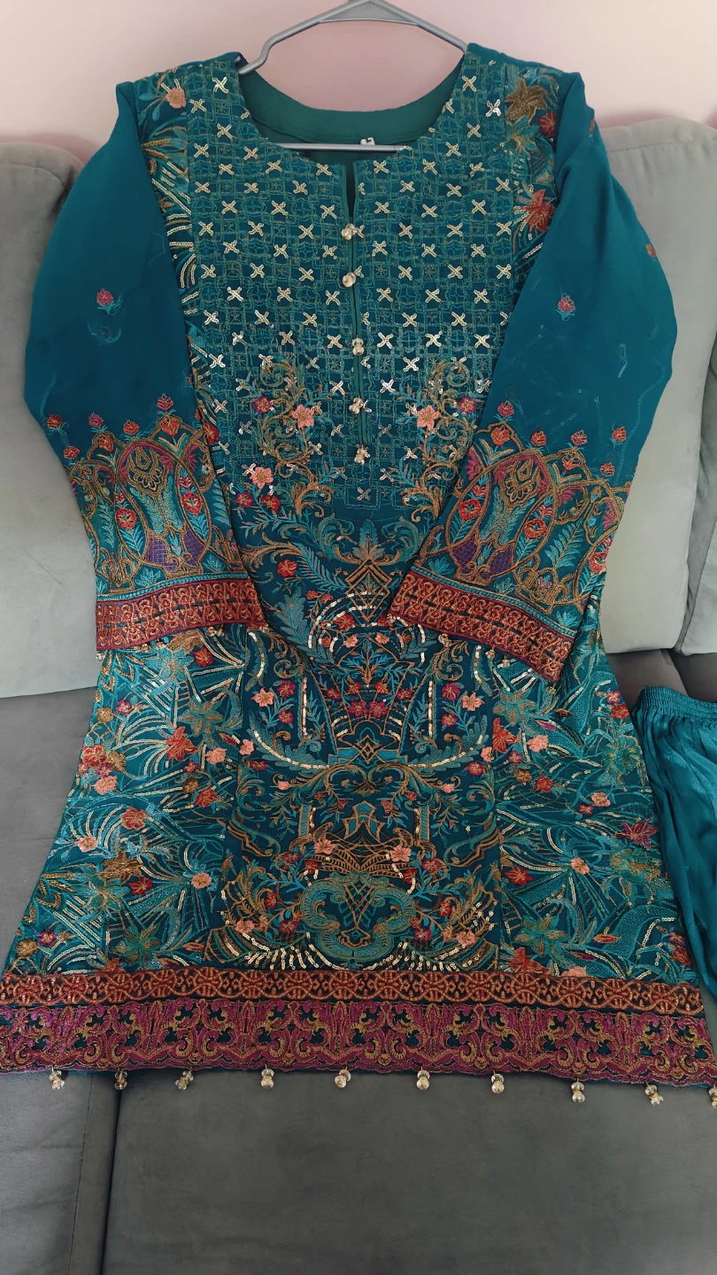 Teal Embroidered Kurti with Pants - photo 3