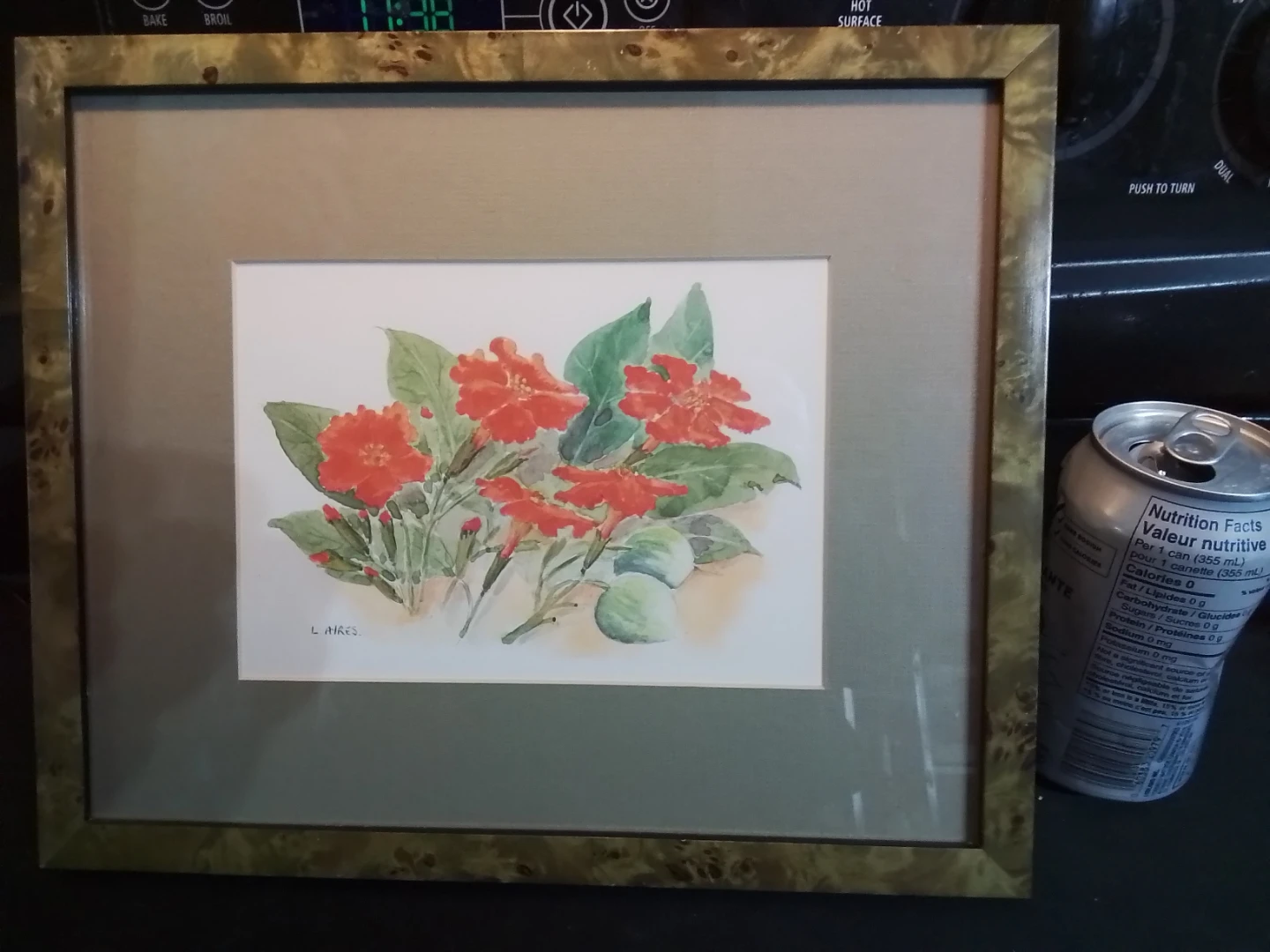 Framed Watercolour Painting of Red Flowers by L. Ayres