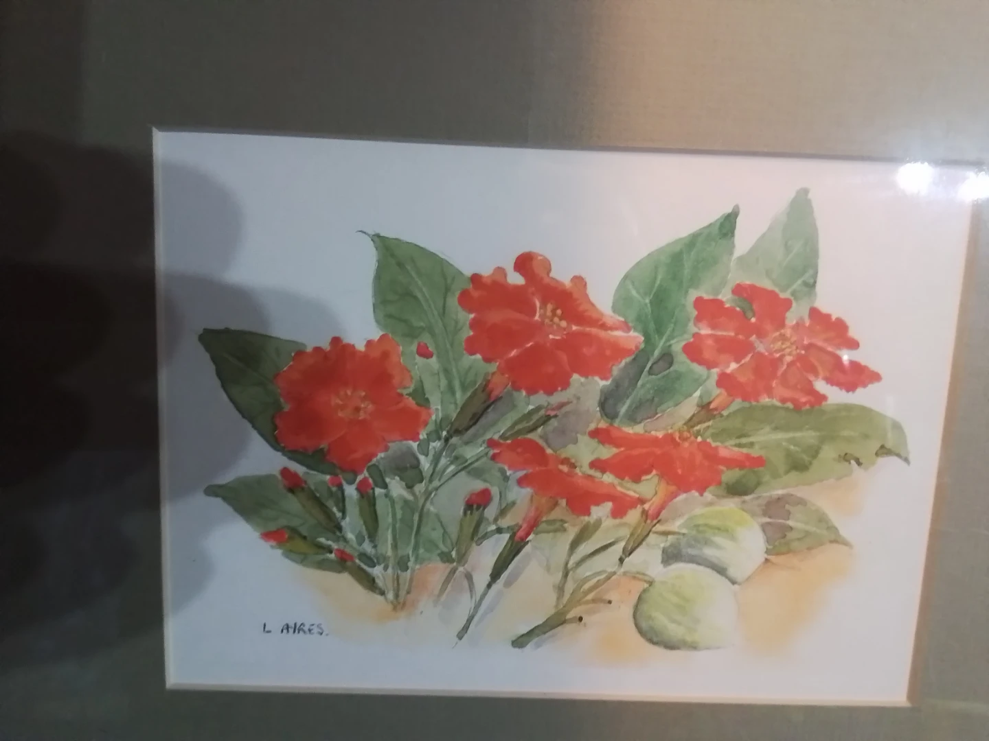 Framed Watercolour Painting of Red Flowers by L. Ayres - photo 2