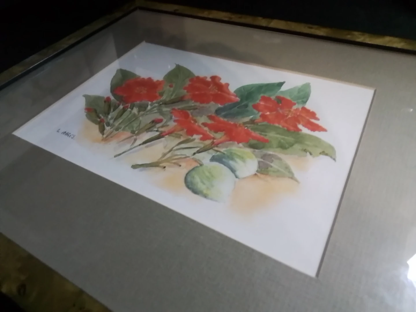 Framed Watercolour Painting of Red Flowers by L. Ayres - photo 3