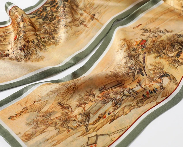 New 100% Silk Scarf with Traditional Landscape Print - photo 3