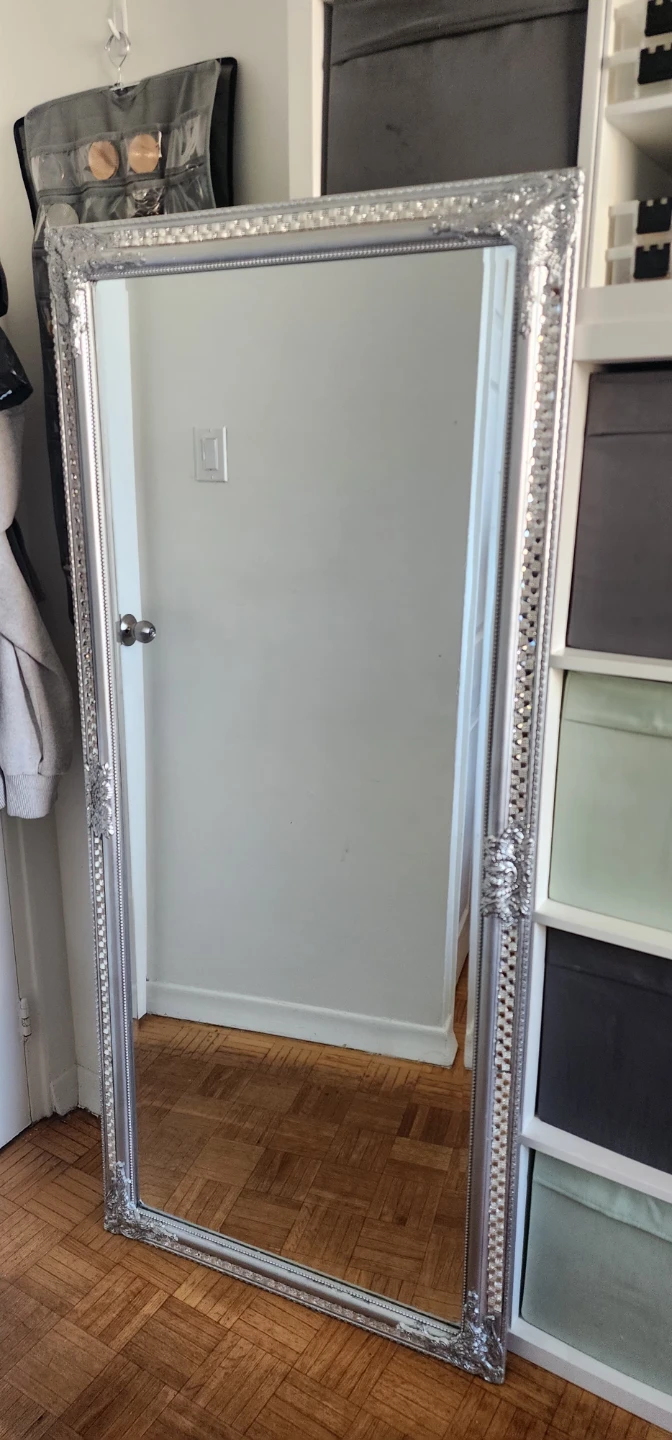 Large Ornate Silver Mirror with Rhinestone Embellishments