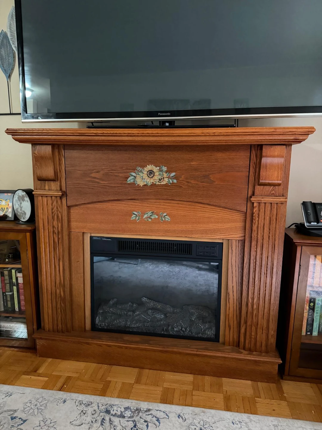 Wooden Electric Fireplace with Sunflower Detail