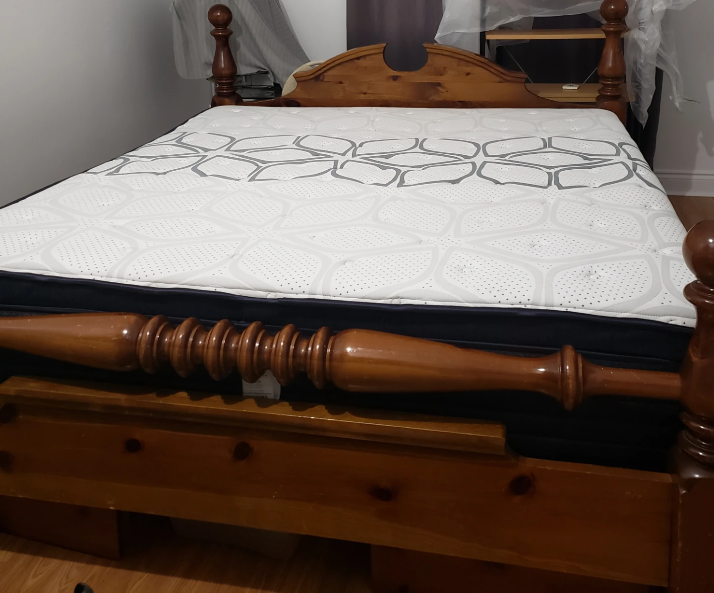 Wood Bed Frame with Box spring and Mattress.