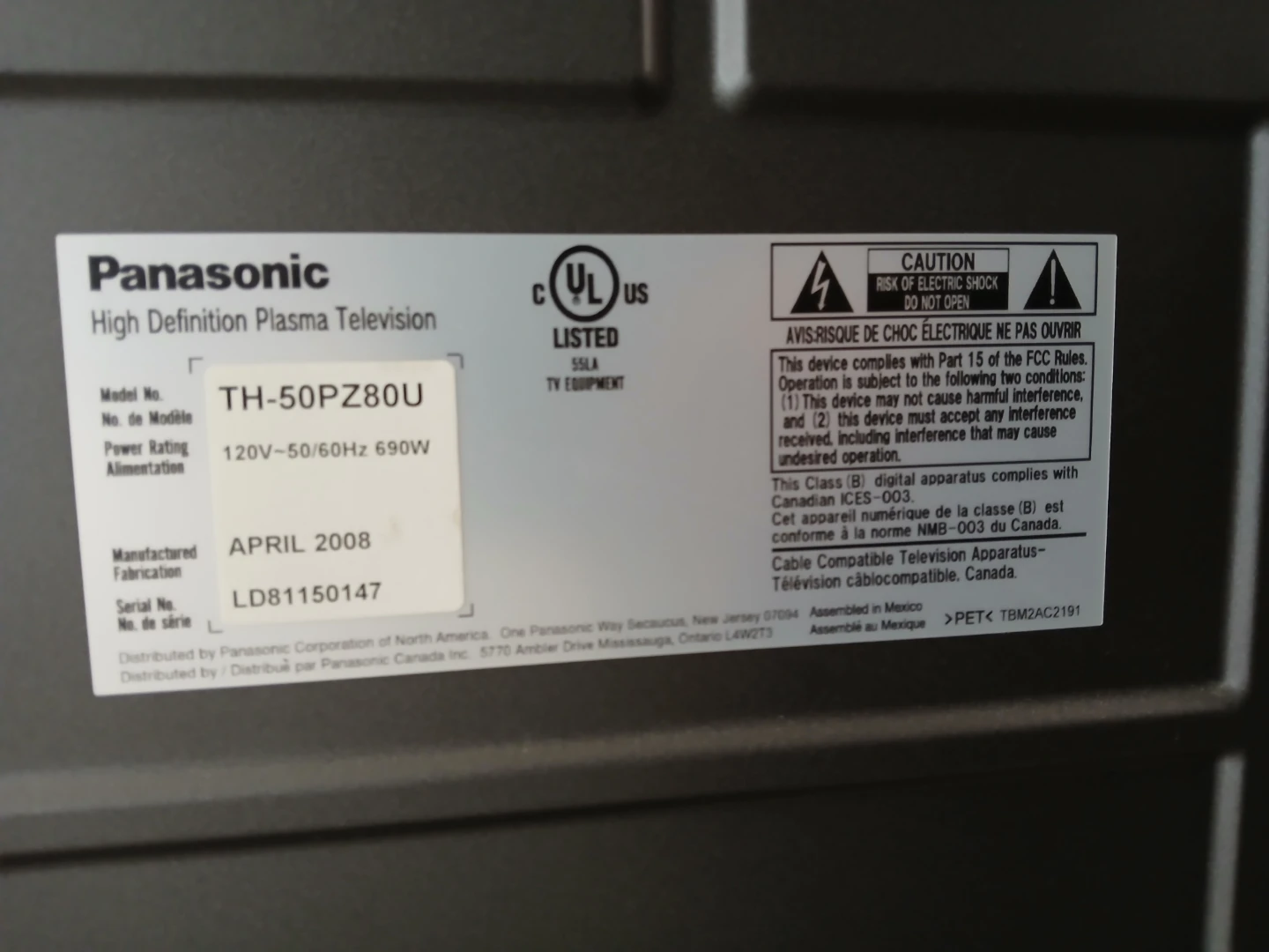 Panasonic TH-50PZ80U High Definition Plasma Television - photo 2