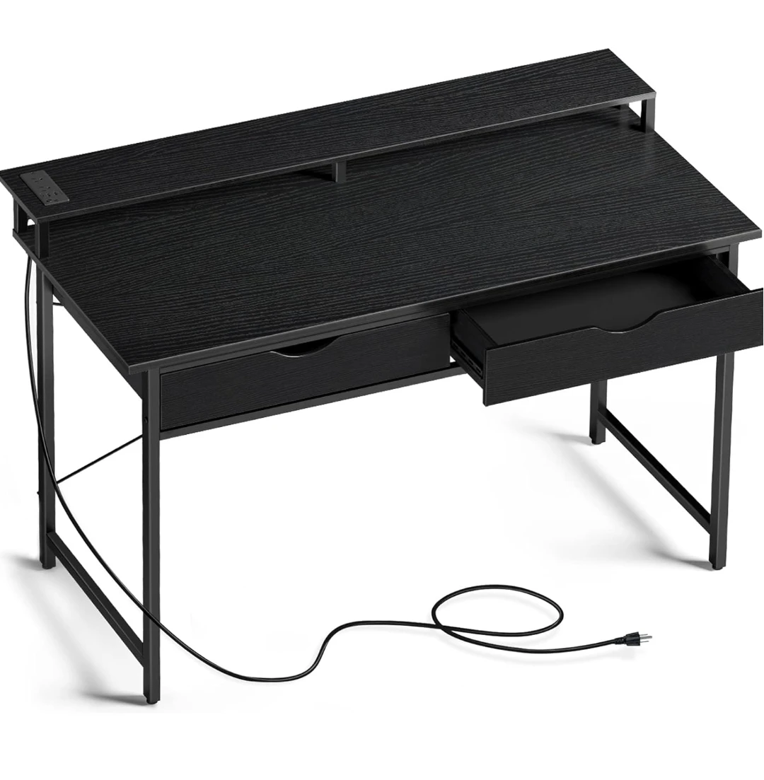 Black Compact Desk with Monitor Riser and Drawer