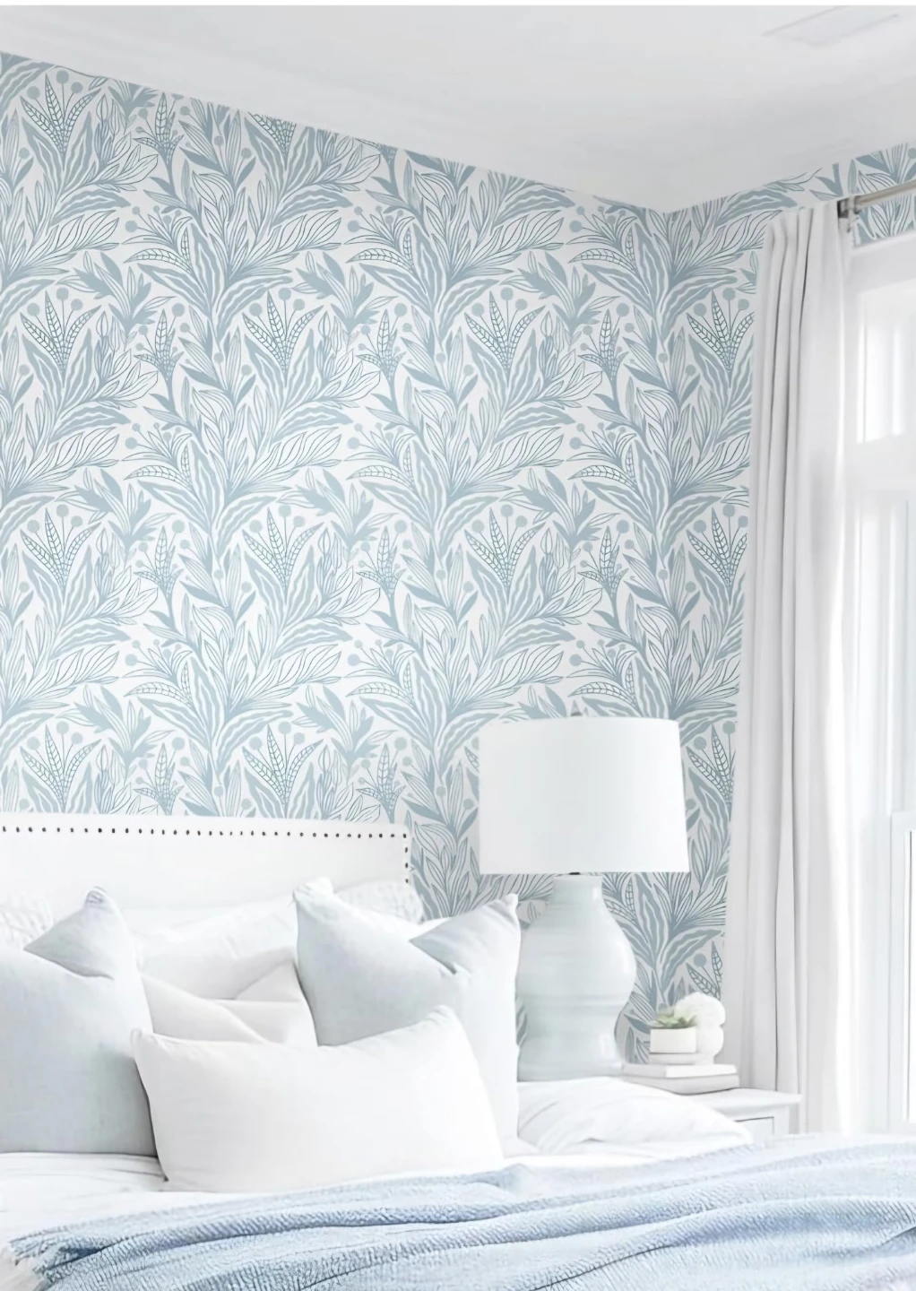 Blue White Peel & Stick Modern Floral Leaf Wallpaper 17.3"x78.7" - photo 3