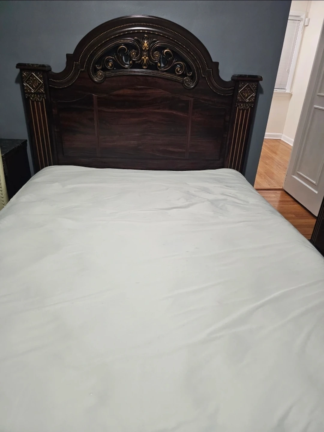 Antique Style Dark Wood Bed Frame with Marble Accents