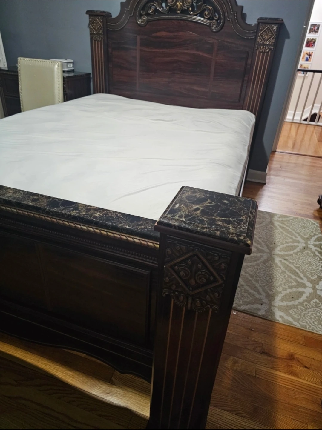 Antique Style Dark Wood Bed Frame with Marble Accents - photo 2